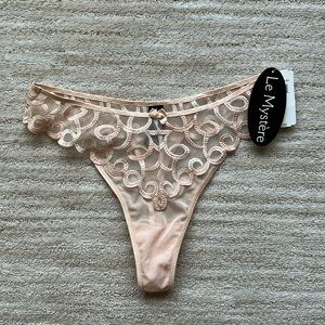 Le Mystere Women's Blush Swirl Embroidered Lace Sheer Mesh Bikini Thong Medium
